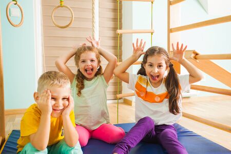 Portrait of smiling kids on a wooden ladderの写真素材