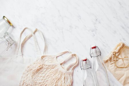 Cotton bags and glass jars for zero waste for shoppingの写真素材