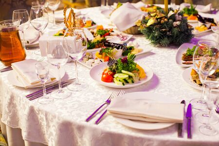 Modern cuisine at the served table in a restaurantの写真素材