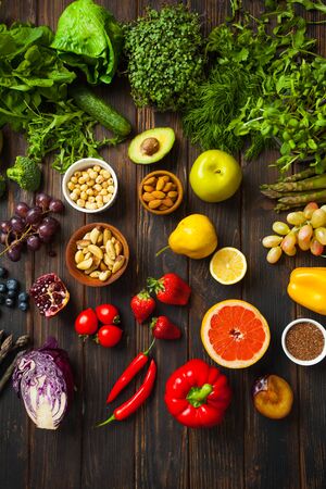 Top view picture of main vegetable food products useful for brain function. Healthy vegetarian home cooking ingredientsの写真素材