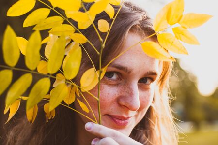 Yellow leaf on the female face in the parkの写真素材