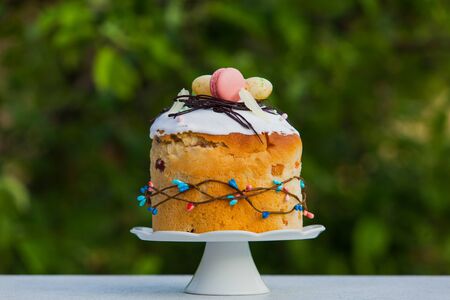 Easter cake, spring garden on a background, blured