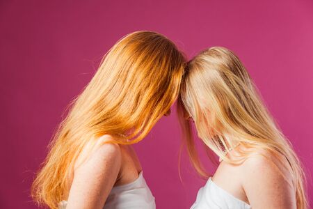 Two women standing opposite each other, touching by headsの写真素材