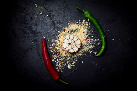 Mix of salt and spices, dry ground garlic and paprika for cooking meat or fish. Overhead condiment spilled on dark grey background with fresh chili peppers and garlic on top.の写真素材