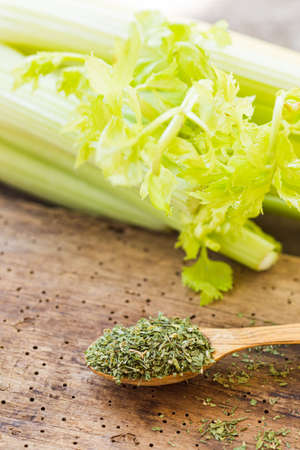 Closeup green fresh celery stalks and wooden spoon full of dry and milled celery seasoning. Aromatic cuisine with flavour of fresh vegetables and greensの写真素材