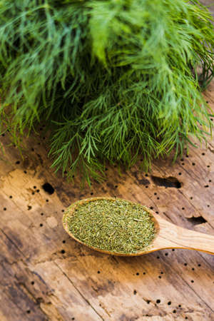 Closeup wooden spoon filled with dill seasoning. Fresh green dill sprouts placed behind. Aromatic...