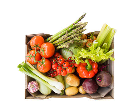Box of summer vegetables, isolated on whiteの写真素材