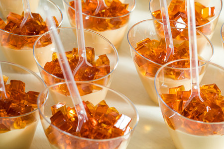 The portions of a cold caramel dessert with jellyの写真素材