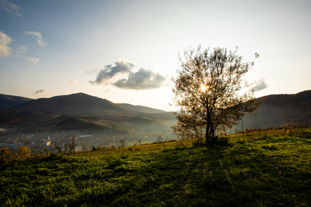 the beginning of a new autumn day in a mountain townの写真素材