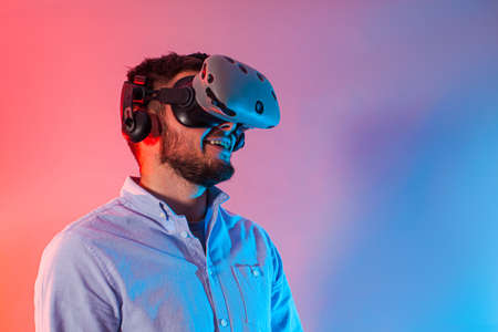 Man connection with abstract web and chains in virtual reality