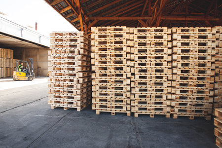 Kyiv, Ukraine - September 20, 2019: Piles of EPAL palletsのeditorial素材