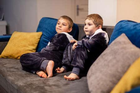 the little brothers in kigurumi watching tv at homeの写真素材