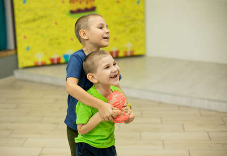 Two cheerful little brothers are playing with soft toy