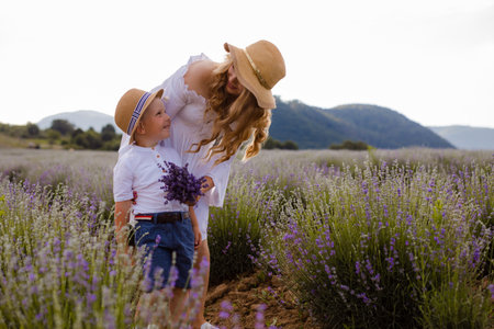 Mother with her son at the lavender fieldの写真素材