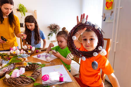 Kids adore spring holidays and waiting for Easterの写真素材