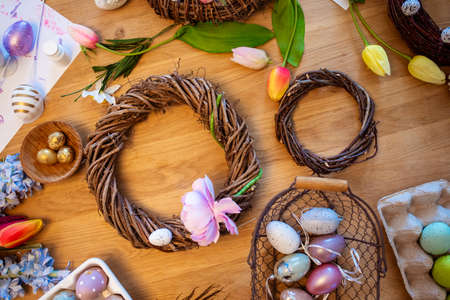 Top view decorating set for Easter wreathsの写真素材
