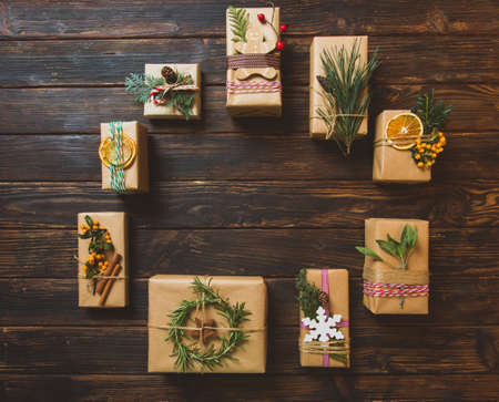 The wonderful Christmas presents wrapped in kraft paper with copy space
