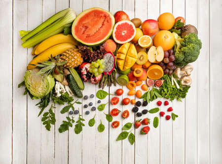 Vegetarian composition of fresh vegetables and fruitsの写真素材