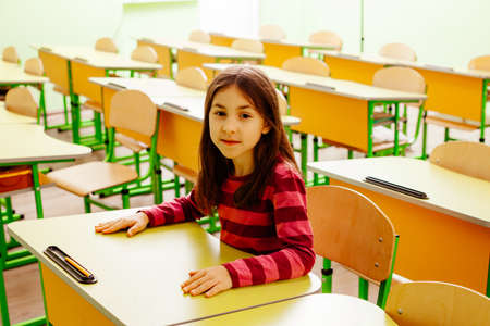 The joyful schoolgirl is sitting at a desk in the classroomの写真素材