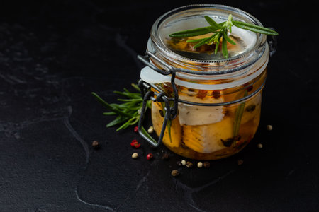 The jar with feta cheese and spices on a dark backgroundの写真素材