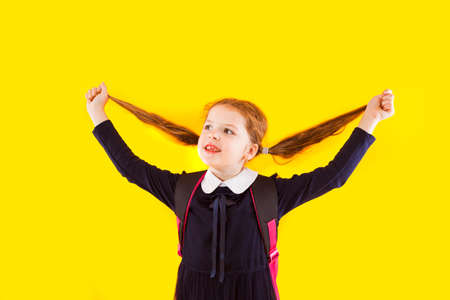 The joyful schoolgirl is ready back to schoolの写真素材