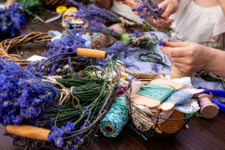 Bunch of beautiful lavender in metal basketの写真素材