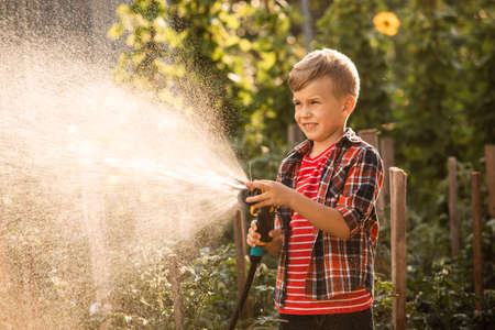 The little boy waters the plants making large splashes of waterの写真素材