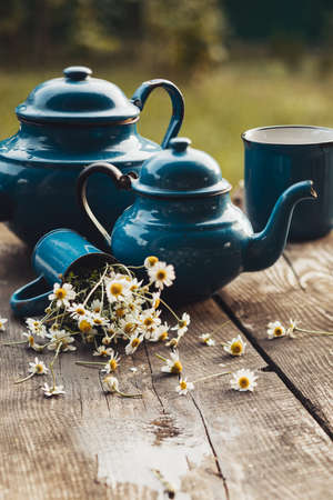 Tea composition with chamomile in vintage styleの写真素材