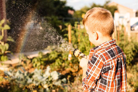 The boy enjoys a rainbow while watering in the gardenの写真素材