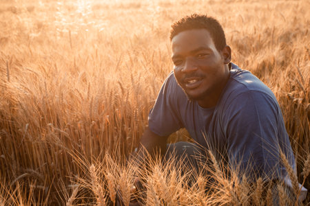 Handsome positive young man in grain fieldの写真素材