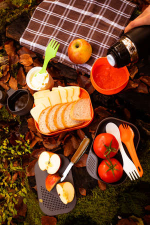 Campsite kit for snacks and drinking tea or coffee.の写真素材