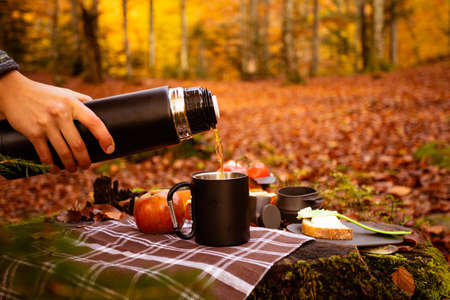 Campsite kit for snacks and drinking tea or coffee.の写真素材