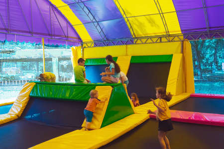 The happy child have a nice day in the trampoline parkの写真素材