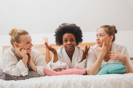 The happy multiethnic women are talking about selfcareの写真素材