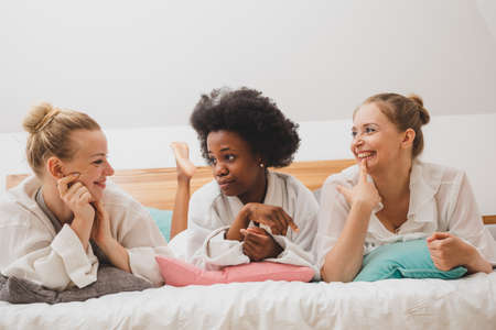 The happy multiethnic women are talking about selfcareの写真素材