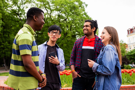 Outdoor communication between joyful multiracial college studentsの写真素材