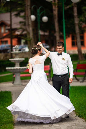 Happy bride and groom after wedding ceremonyの写真素材