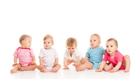 Five babies isolated isolated on white backgroundの写真素材