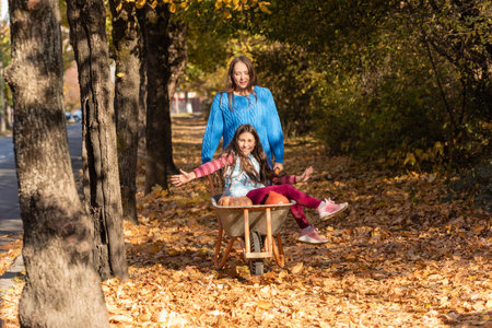 Mother have fun time with kid, use garden wheelbarrowの写真素材