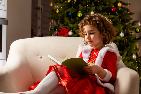 Beautiful little girl sits on the chair next to a nicely decorated Christmas treeの写真素材