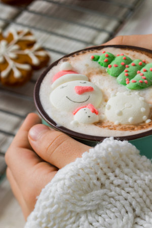 Christmas hot chocolate with snowman marshmallow in the cupの写真素材