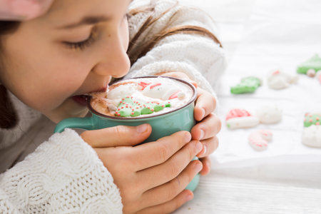 Christmas hot chocolate with snowman marshmallow in the cupの写真素材