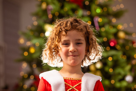 Adorable girl in Christmas dress near the classic decorated christmas treeの写真素材