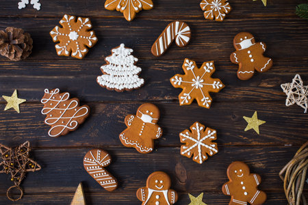 Christmas cookies of various shapes with sugar decor glazeの写真素材