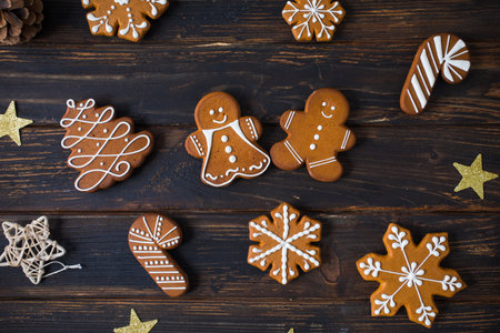 Christmas cookies of various shapes with sugar decor glazeの写真素材