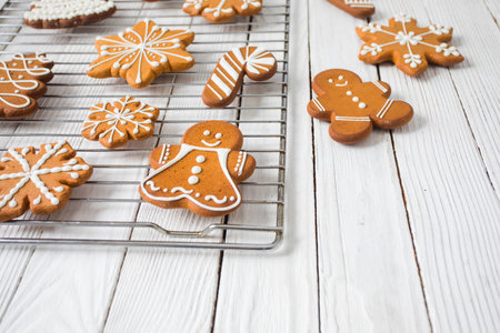 Gingerbread cookies on the white wooden tableの写真素材