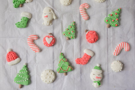 Christmas decorated handmade marshmallow top view on the tableの写真素材