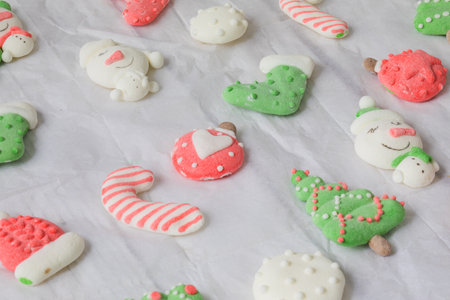 Christmas decorated handmade marshmallow top view on the tableの写真素材
