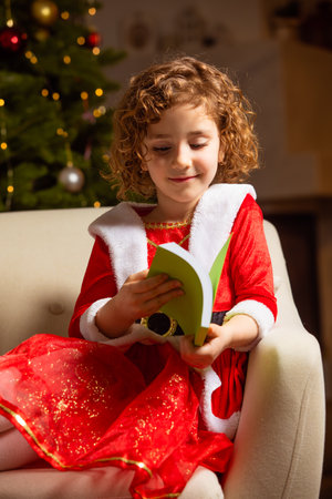 Beautiful little girl sits on the chair next to a nicely decorated Christmas treeの写真素材