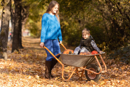 Mother have fun time with kids, use garden wheelbarrowの写真素材